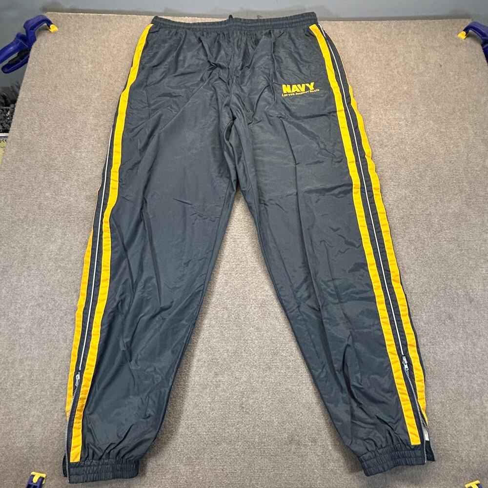 Navy Let Journey Begin Track Pants Mens 2XL Gray Gold Stripe Ankle Zip Lined 33"